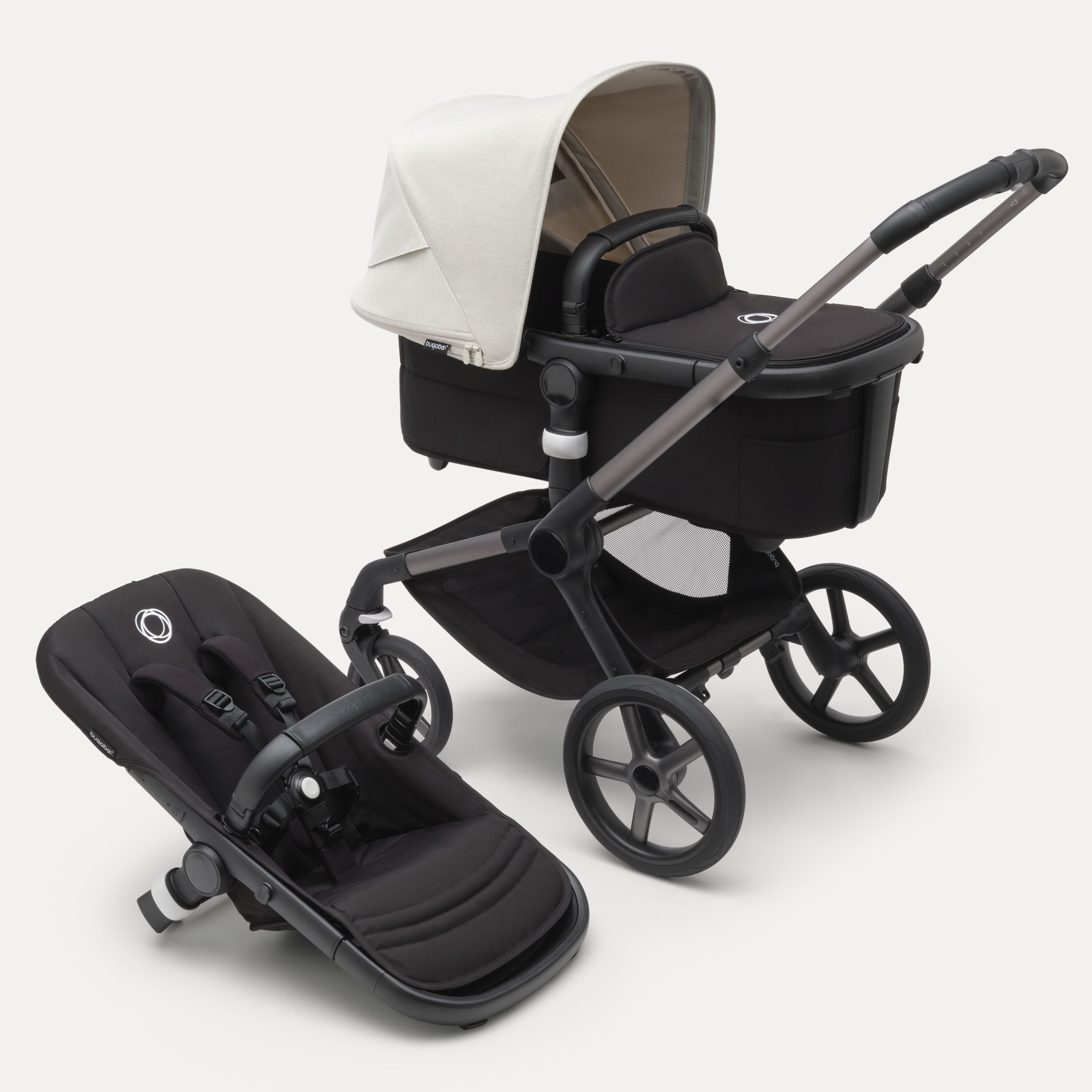 Bugaboo Fox 5 2-in-1 stroller graphite base, midnight black fabrics, misty white sun canopy - Main Modal Image Slide 1 of 12