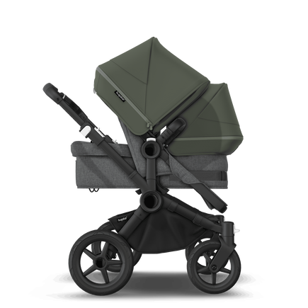 Bugaboo Donkey 5 Duo bassinet and seat stroller black base, grey mélange fabrics, forest green sun canopy