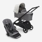Passeggino con seduta e navicella Bugaboo Dragonfly con telaio black, tessuti grey melange e cappottina misty white.