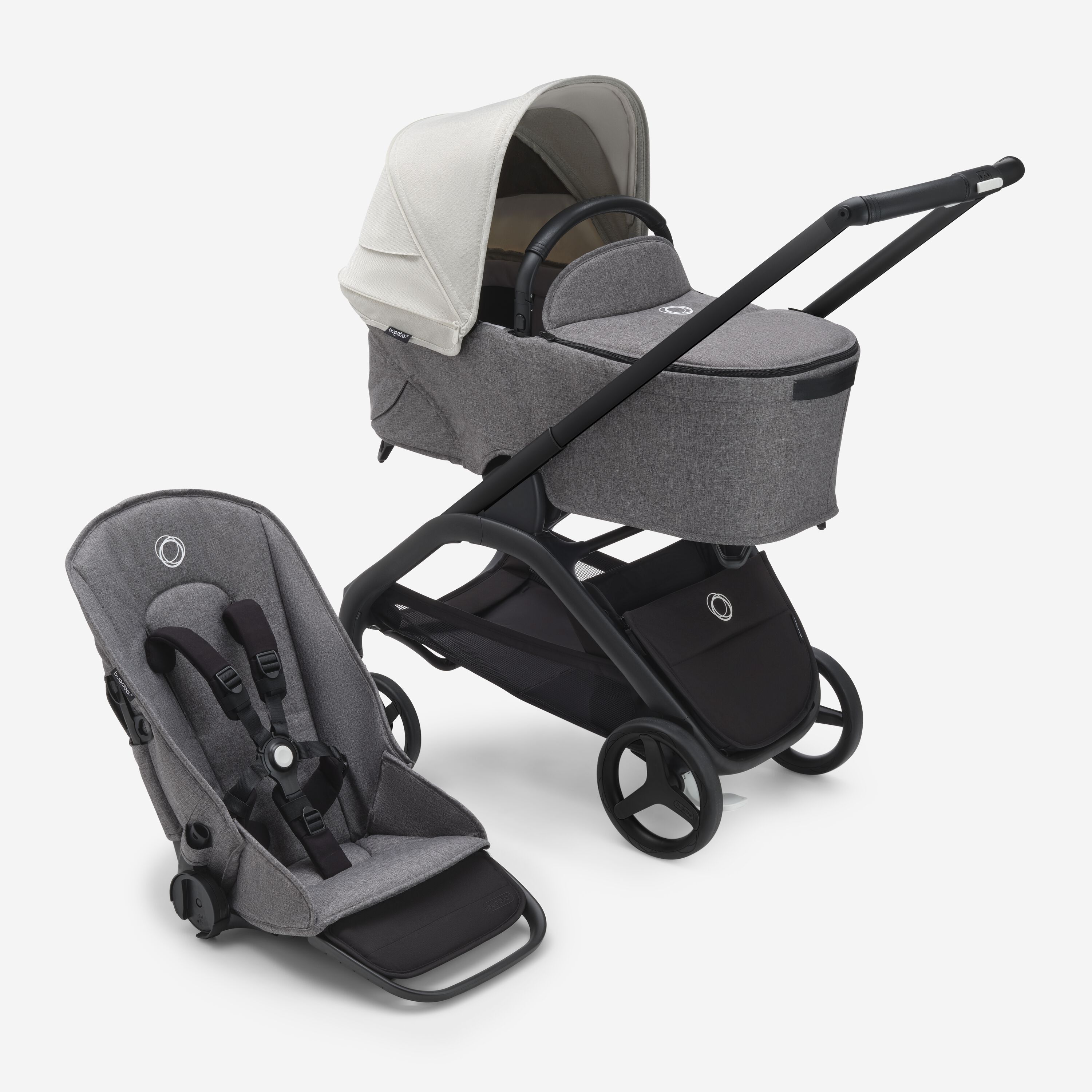 Passeggino con seduta e navicella Bugaboo Dragonfly con telaio black, tessuti grey melange e cappottina misty white. - Main Modal Image Slide 1 of 16