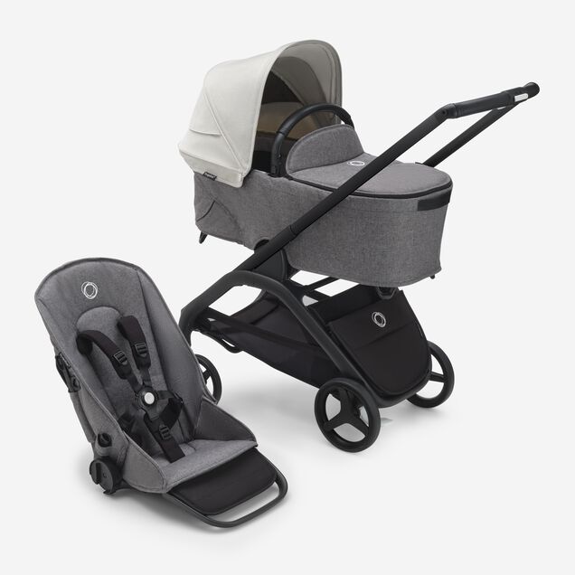 Passeggino con seduta e navicella Bugaboo Dragonfly con telaio black, tessuti grey melange e cappottina misty white. - Main Image Slide 1 of 16