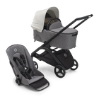 Bugaboo Dragonfly bassinet and seat stroller with black chassis, grey melange fabrics and misty white sun canopy.