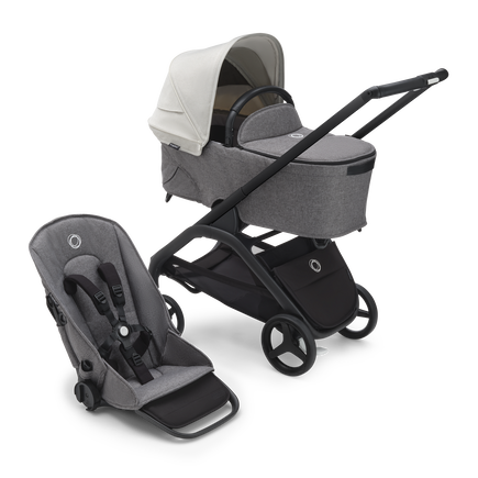 Bugaboo Dragonfly bassinet and seat stroller with black chassis, grey melange fabrics and misty white sun canopy. - view 1