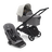 Poussette siège et nacelle Bugaboo Dragonfly avec châssis noir, habillages gris chiné et capote blanc brume.