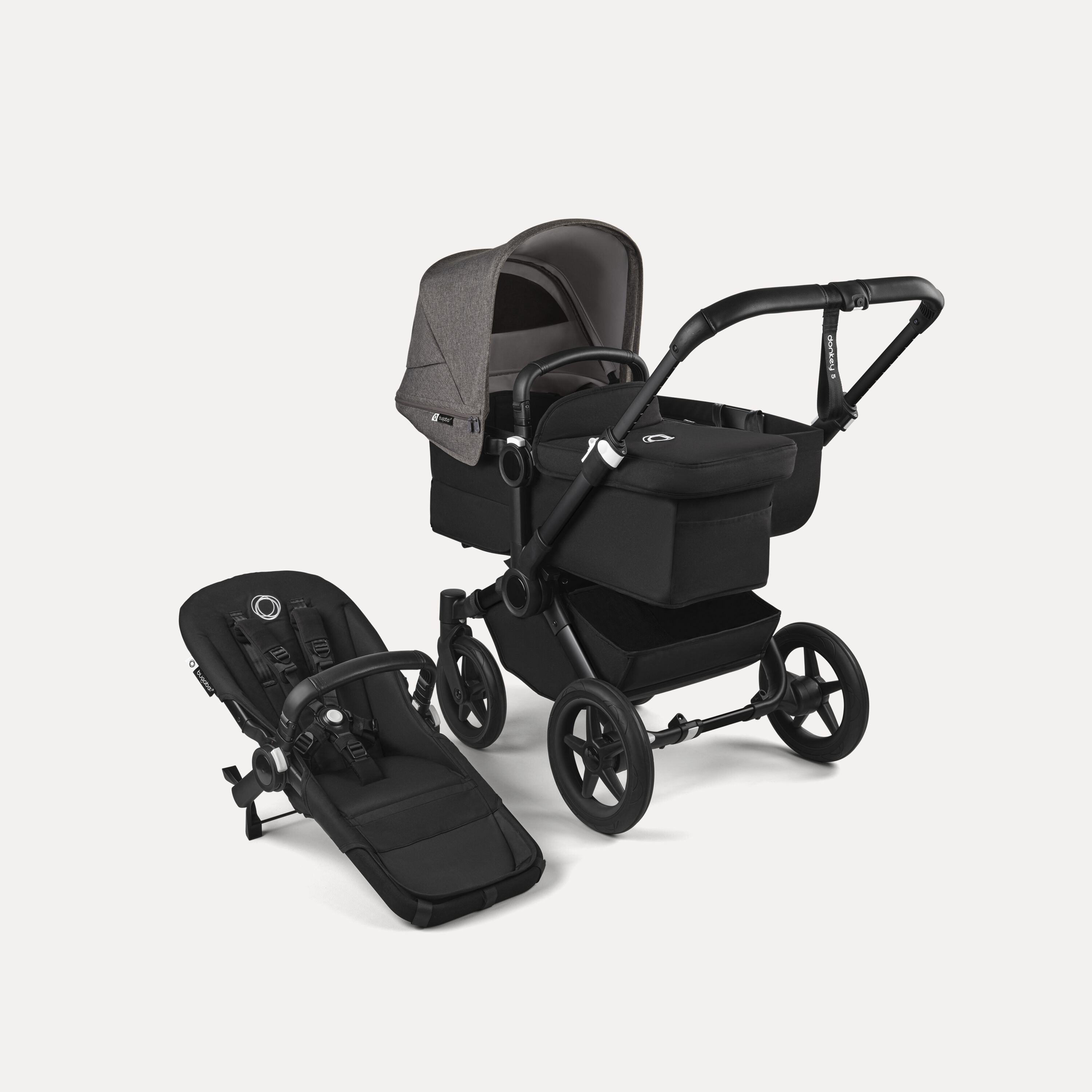 PP Bugaboo Donkey 5 Mono bassinet and seat stroller black base, midnight black fabrics, grey mélange sun canopy - Main Modal Image Slide 1 of 4