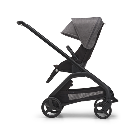 Side view of the Bugaboo Dragonfly seat stroller with black chassis, midnight black fabrics and grey melange sun canopy. - view 2