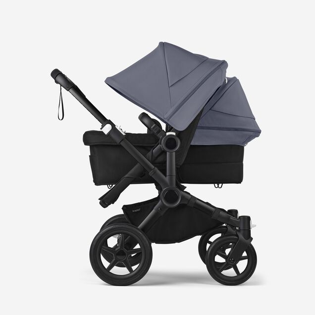 Bugaboo Donkey 5 Duo double stroller black base, midnight black fabrics, stormy blue sun canopy - Main Image Slide 2 of 11
