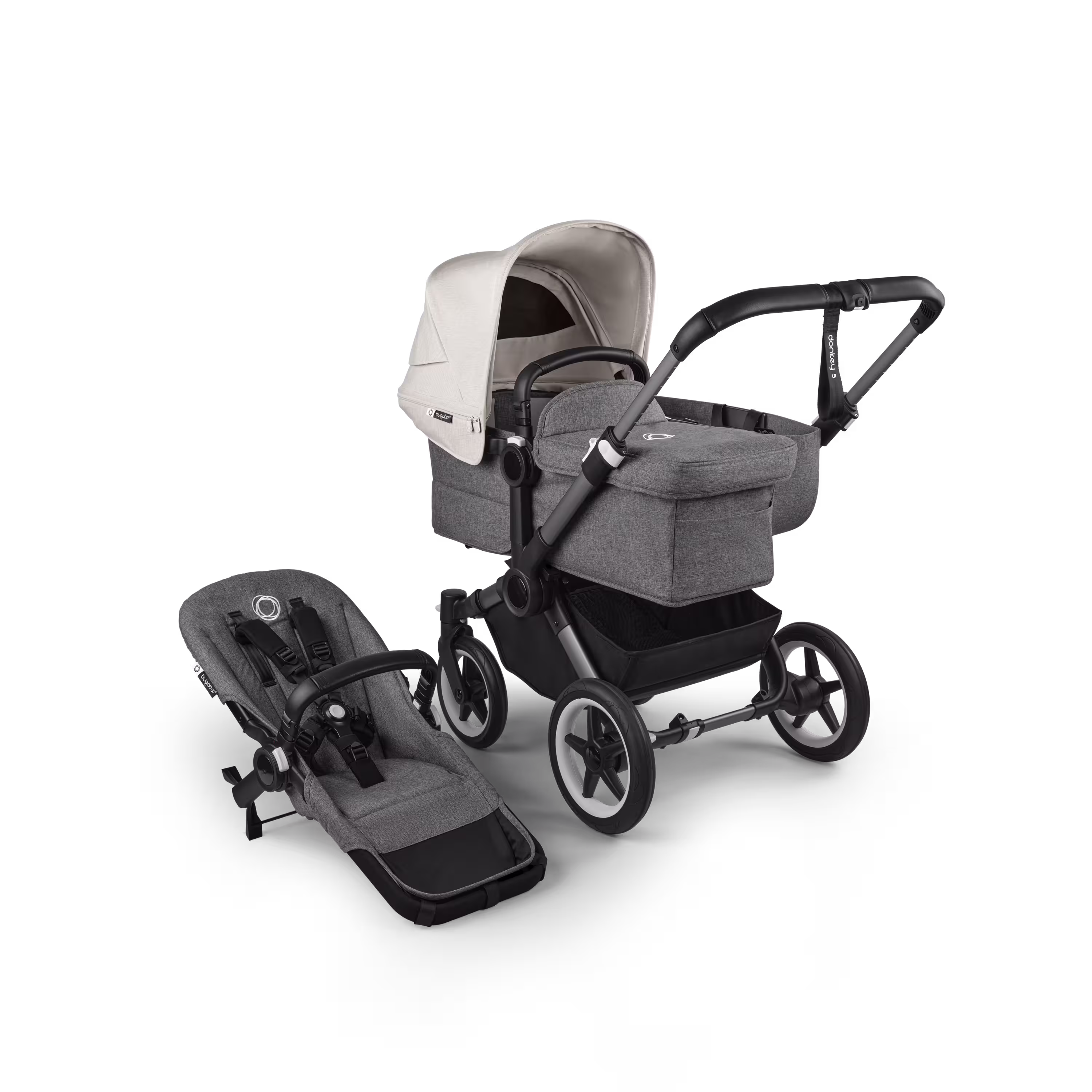 Refurbished Bugaboo Donkey 5 Mono bassinet and seat stroller graphite base, grey mélange fabrics, misty white sun canopy - Main Modal Image Slide 1 of 11