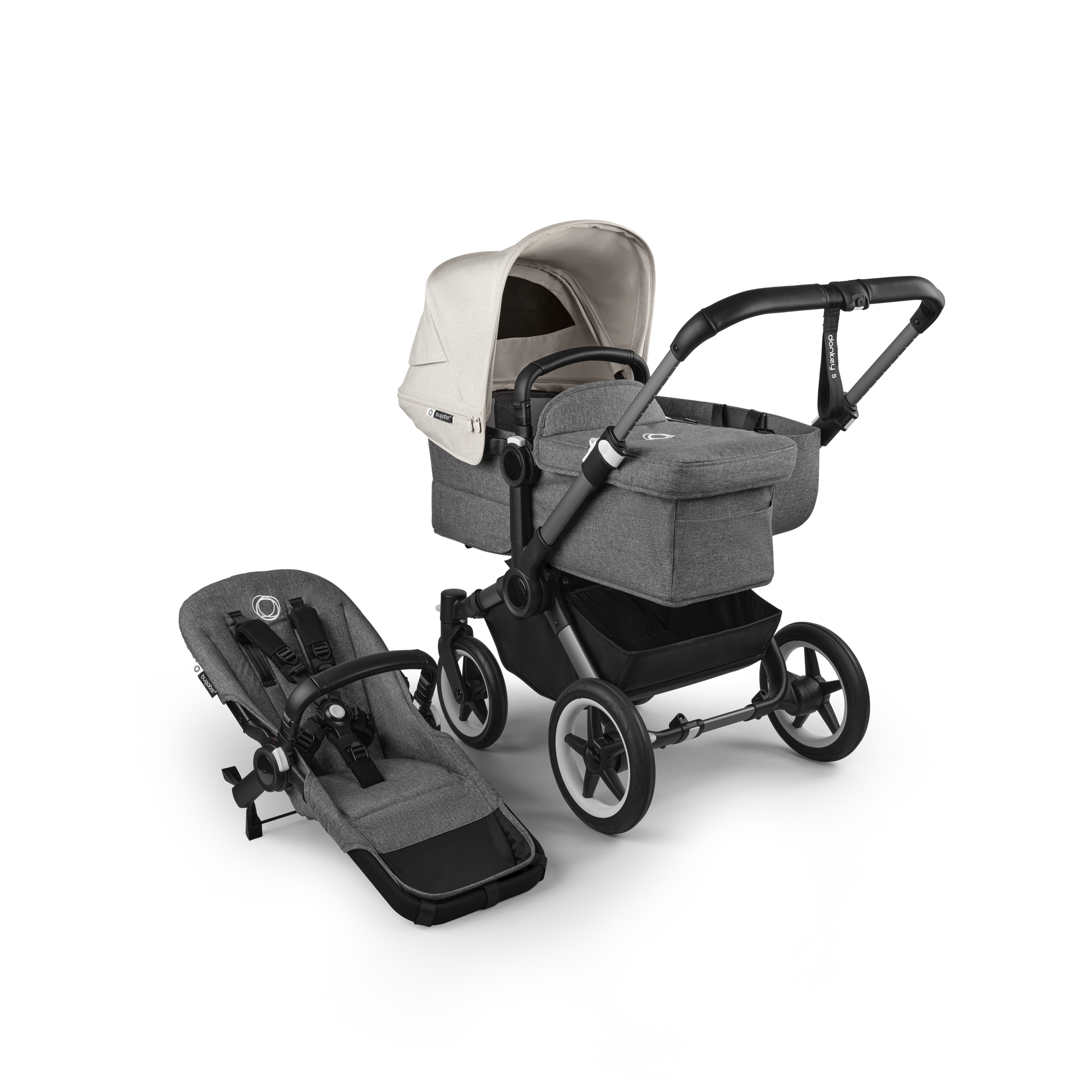 Refurbished Bugaboo Donkey 5 Mono bassinet and seat stroller graphite base, grey mélange fabrics, misty white sun canopy - Thumbnail Slide 1 of 11