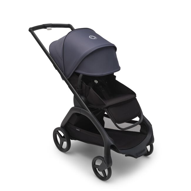 Bugaboo Dragonfly seat stroller with black chassis, midnight black fabrics and stormy blue sun canopy. The sun canopy is fully extended.