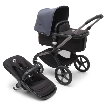 Bugaboo Fox 5 bassinet and seat stroller with graphite chassis, midnight black fabrics and stormy blue sun canopy. - view 1
