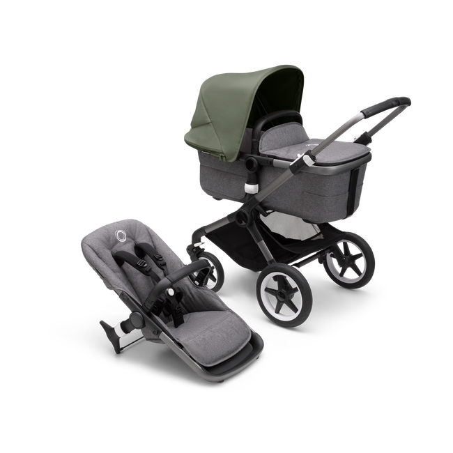 Bugaboo Fox 3 bassinet and seat stroller with graphite frame, grey melange fabrics, and forest green sun canopy.