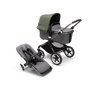 Bugaboo Fox 3 carrycot and seat pushchair with graphite frame, grey melange fabrics, and forest green sun canopy. - Thumbnail Slide 1 of 7