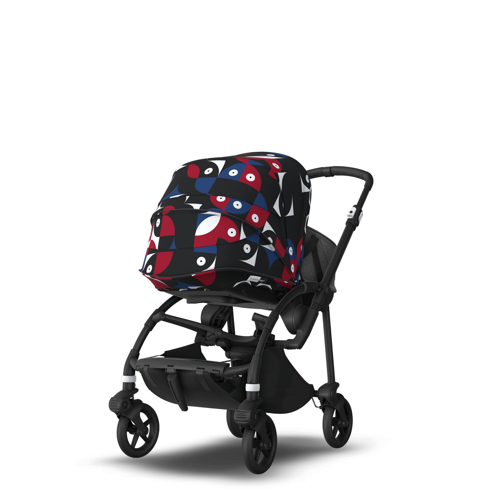 Bugaboo Bee 6 bassinet and seat stroller black base, grey fabrics, animal explorer red/blue sun canopy