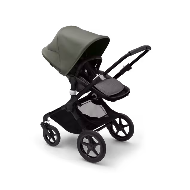 Bugaboo Fox 3 seat stroller with black frame, black fabrics, and forest green sun canopy. - Main Image Slide 6 of 7
