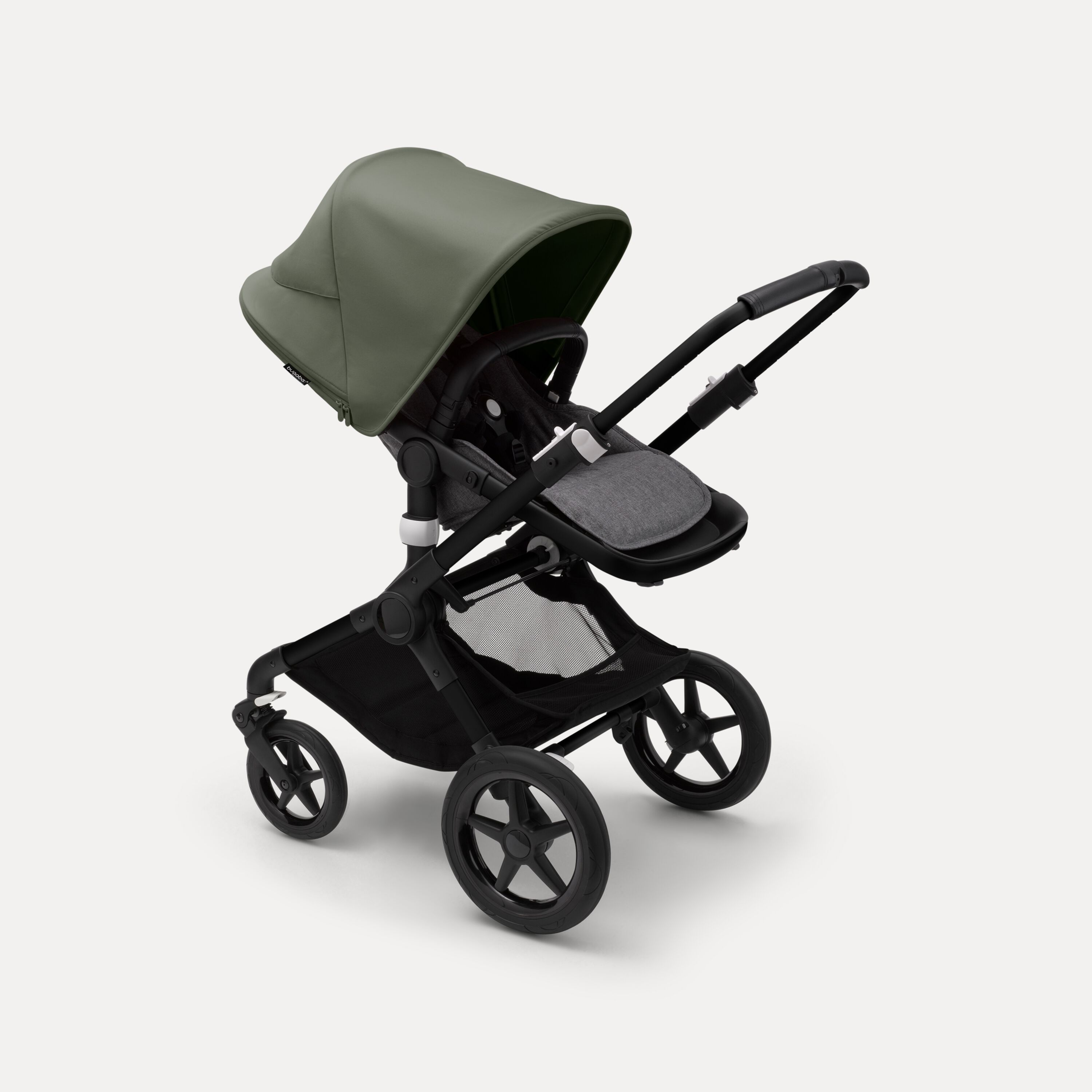 Bugaboo Fox 3 seat stroller with black frame, black fabrics, and forest green sun canopy. - Main Modal Image Slide 6 of 7