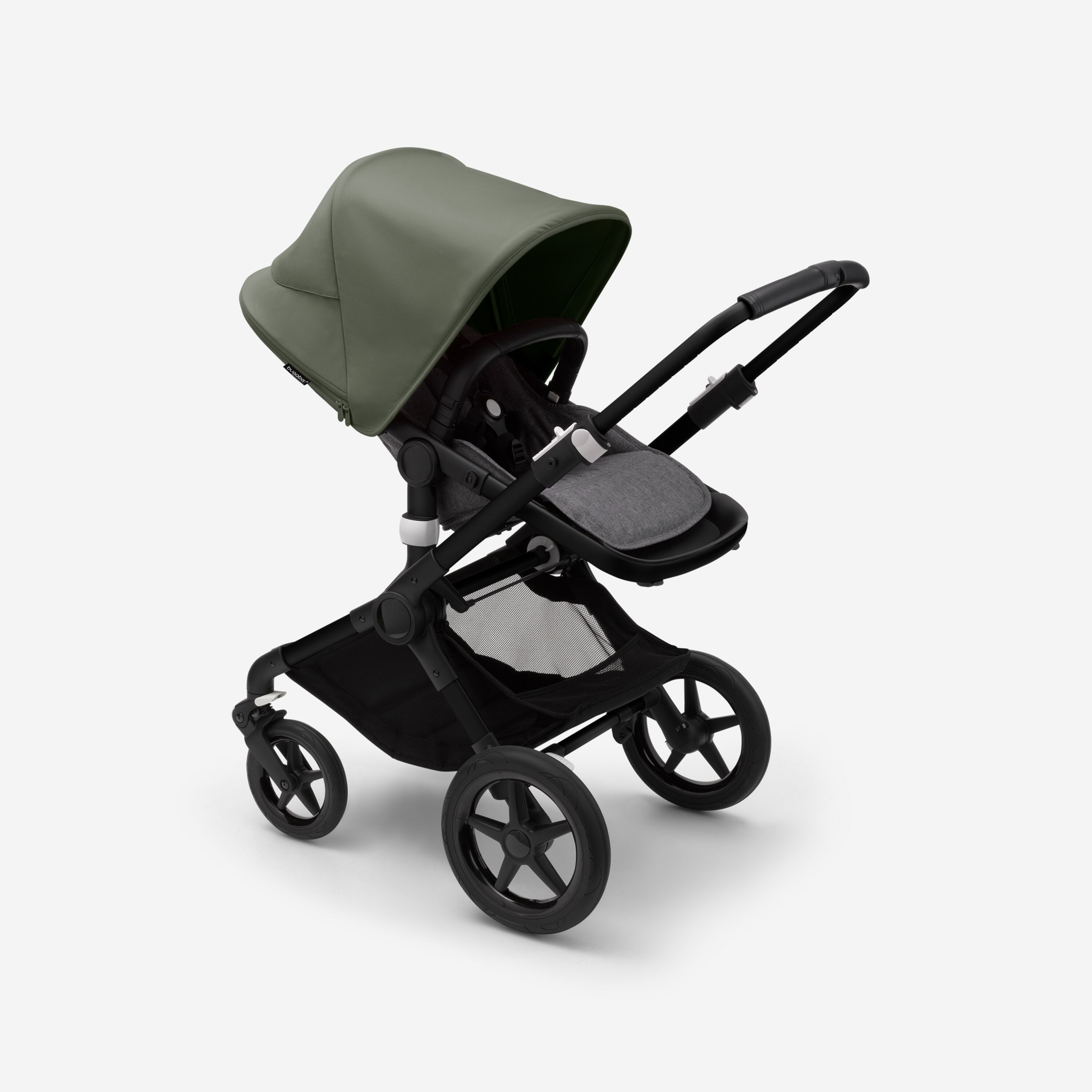 Bugaboo Fox 3 seat stroller with black frame, black fabrics, and forest green sun canopy. - Main Modal Image Slide 6 of 7