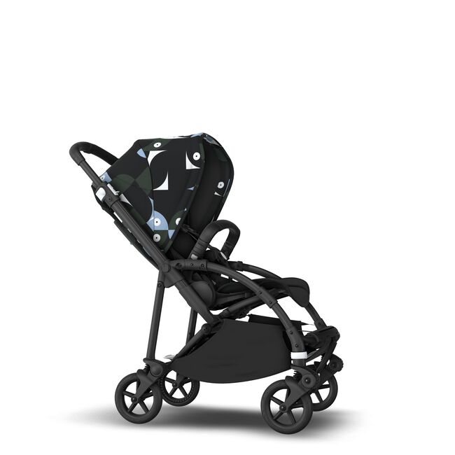 Bugaboo Bee 6 seat stroller black base, black fabrics, animal explorer green/ light blue sun canopy