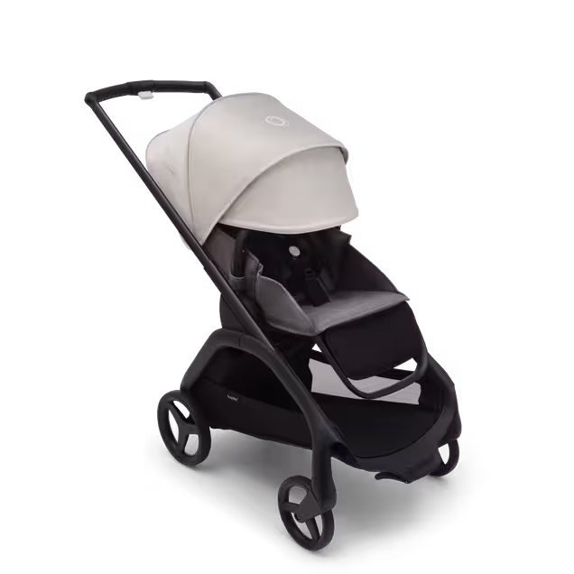Bugaboo Dragonfly seat stroller with black chassis, grey melange fabrics and misty white sun canopy. The sun canopy is fully extended. - Main Image Slide 3 of 16