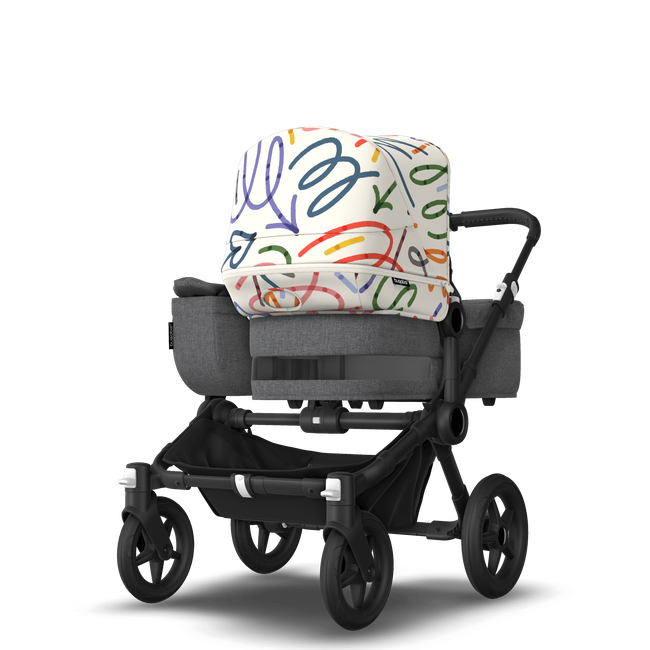 Bugaboo Donkey 5 Mono bassinet and seat stroller black base, grey mélange fabrics, art of discovery white sun canopy