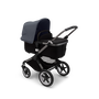 Bugaboo Fox 3 bassinet stroller with black frame, grey fabrics, and stormy blue sun canopy. - Thumbnail Slide 2 of 7