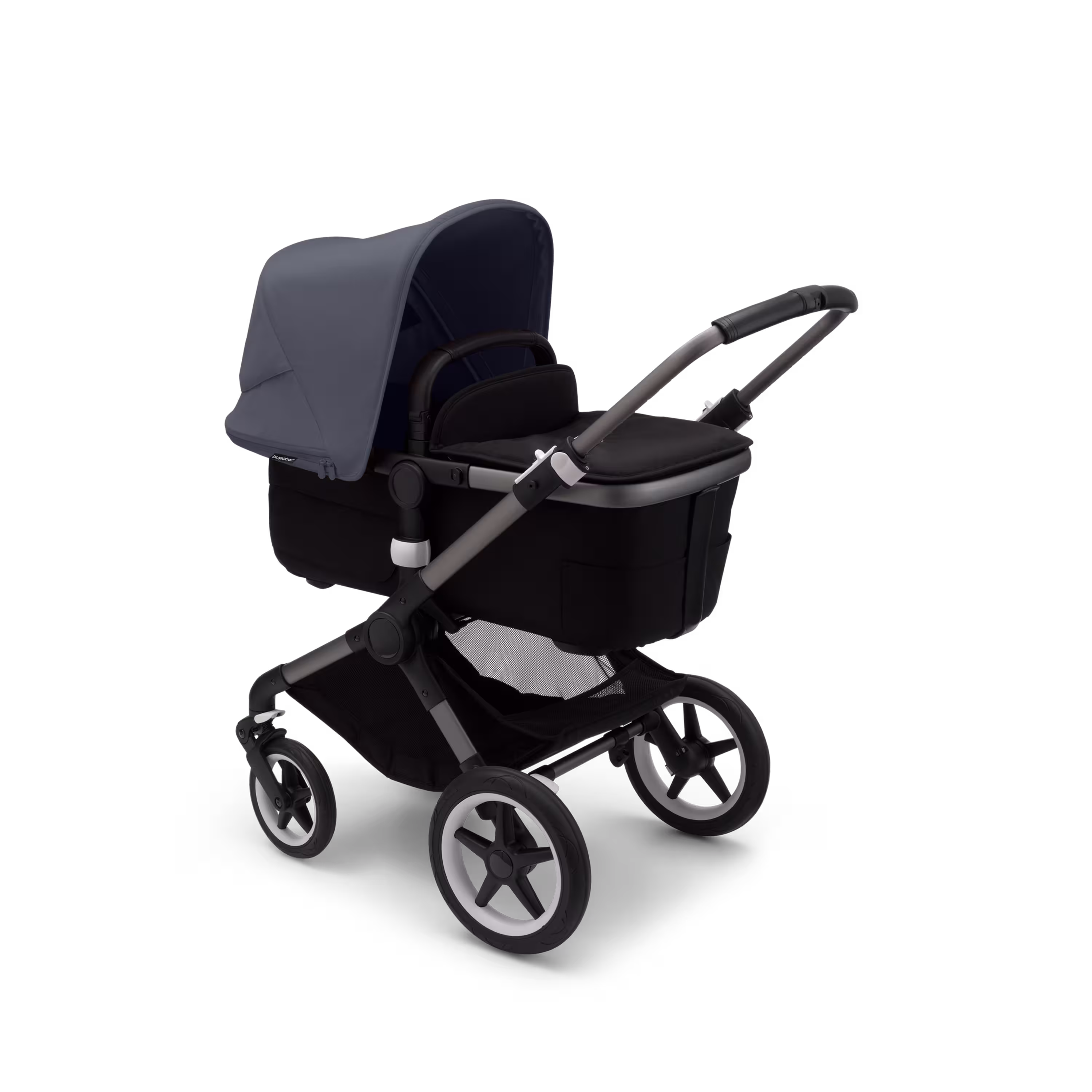 Bugaboo Fox 3 bassinet stroller with black frame, grey fabrics, and stormy blue sun canopy. - Main Modal Image Slide 2 of 7