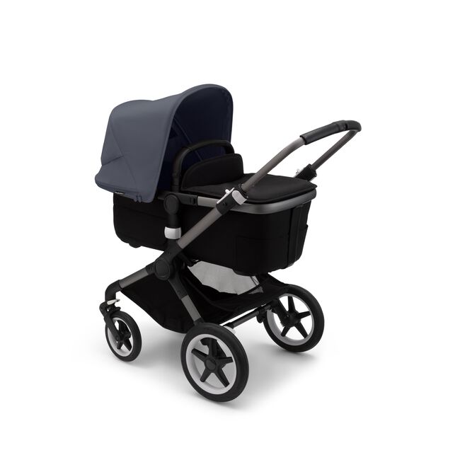 Bugaboo Fox 3 bassinet stroller with black frame, grey fabrics, and stormy blue sun canopy. - Main Image Slide 2 of 7