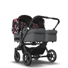 Bugaboo Donkey 5 Twin bassinet and seat stroller black base, grey mélange fabrics, animal explorer pink/red sun canopy