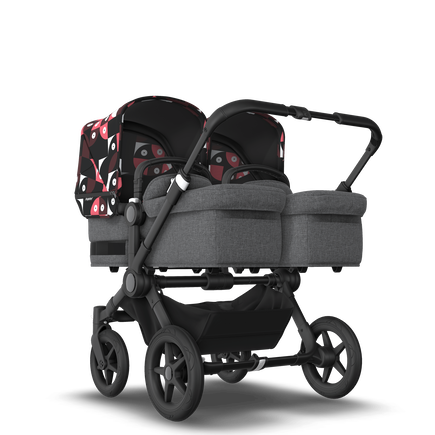 Bugaboo Donkey 5 Twin bassinet and seat stroller black base, grey mélange fabrics, animal explorer pink/red sun canopy - view 1