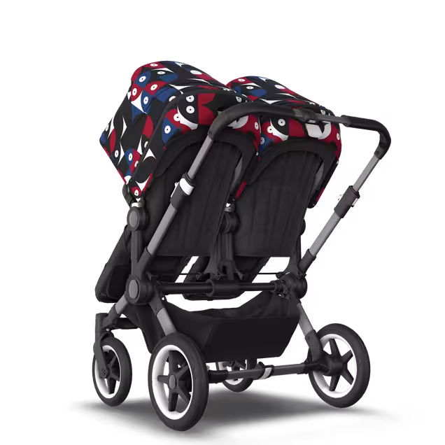 Bugaboo Donkey 5 twin stroller graphite base, midnight black fabrics, animal explorer red/blue sun canopy - Main Image Slide 3 van 12