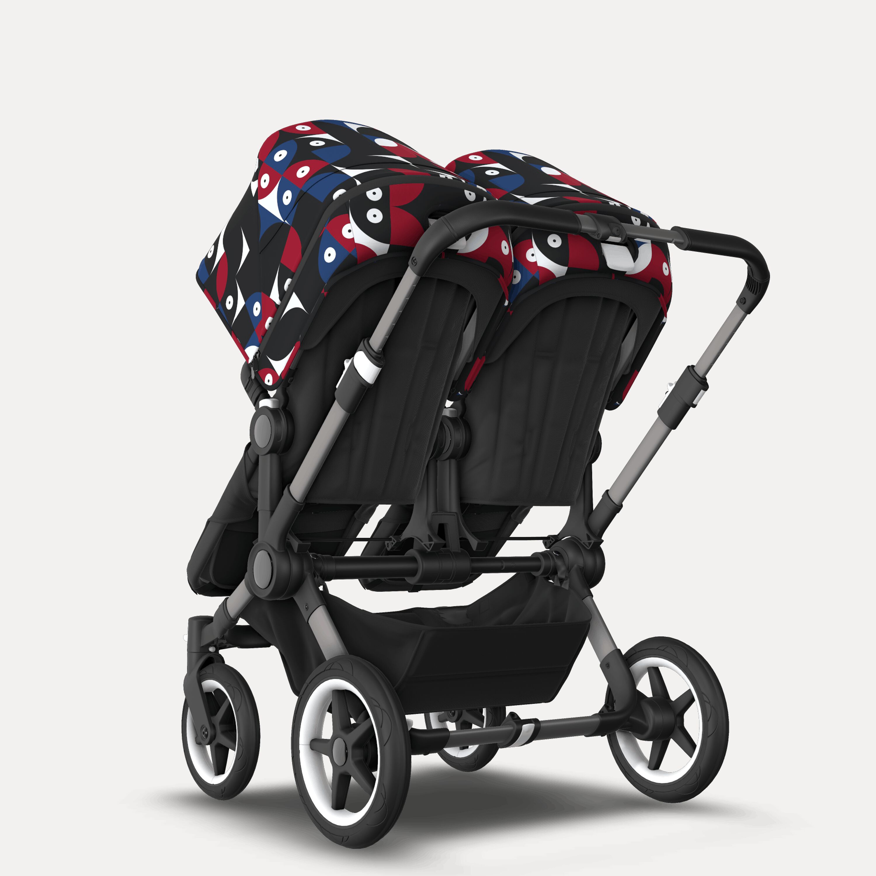 Bugaboo Donkey 5 twin stroller graphite base, midnight black fabrics, animal explorer red/blue sun canopy - Main Modal Image Slide 3 of 12