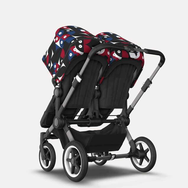 Bugaboo Donkey 5 twin stroller graphite base, midnight black fabrics, animal explorer red/blue sun canopy - Main Image Slide 3 of 12