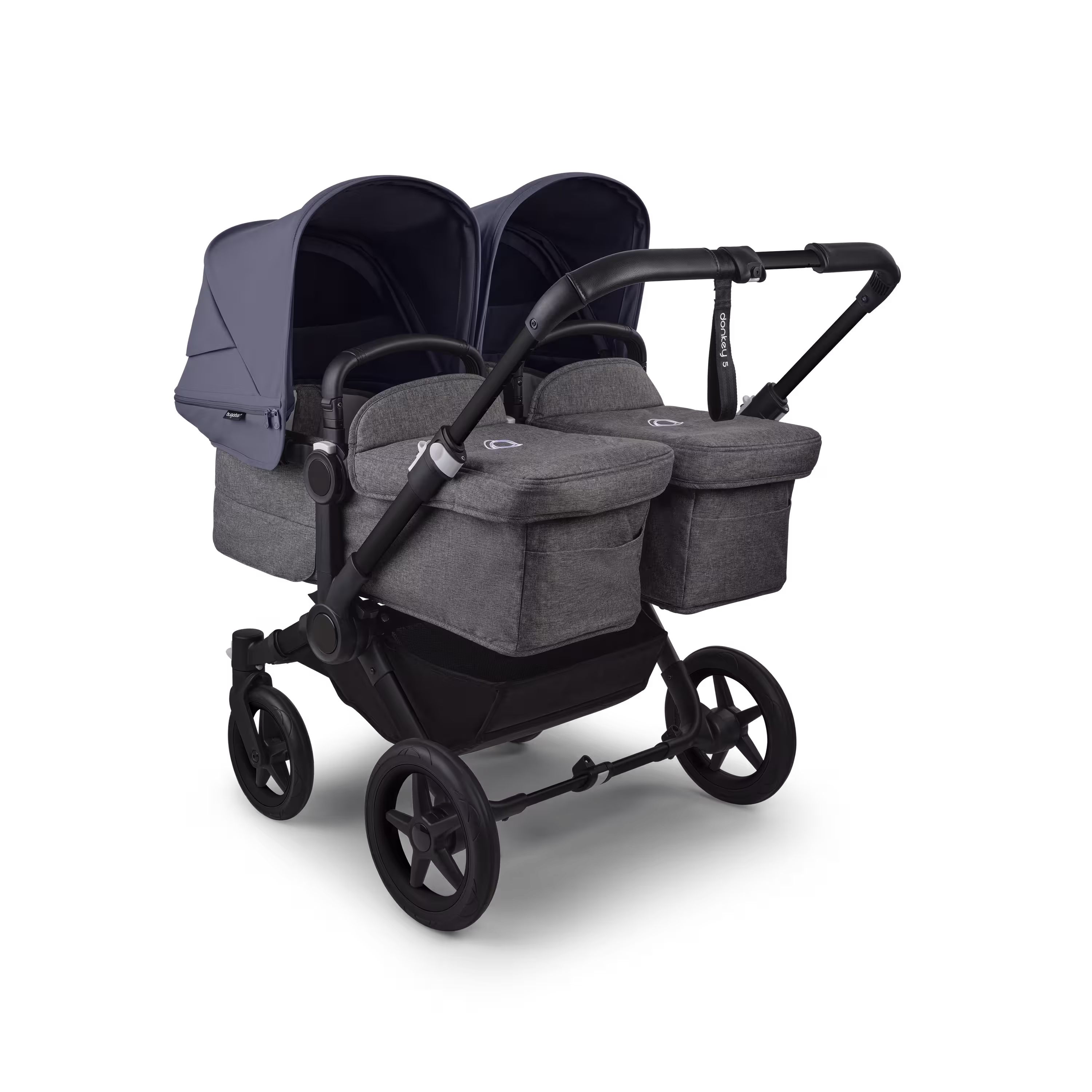 Bugaboo Donkey 5 twin stroller black base, grey mélange fabrics, stormy blue sun canopy - Main Modal Image Slide 1 of 12