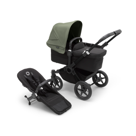 Bugaboo Donkey 5 Mono bassinet and seat stroller black base, midnight black fabrics, forest green sun canopy - view 1