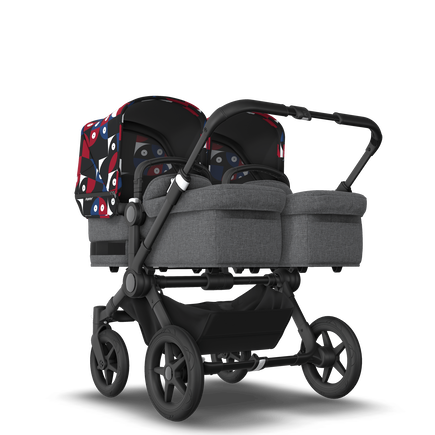 Bugaboo Donkey 5 Twin bassinet and seat stroller black base, grey mélange fabrics, animal explorer red/blue sun canopy - view 1
