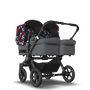 Bugaboo Donkey 5 Twin bassinet and seat stroller black base, grey mélange fabrics, animal explorer red/blue sun canopy - Thumbnail Slide 1 van 15