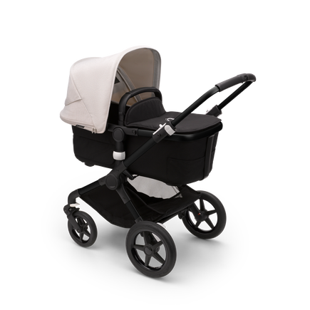 Bugaboo Fox 3 pram body stroller with black frame, black fabrics, and white sun canopy.
