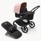 Bugaboo Fox 5 carrycot and seat pushchair with black chassis, midnight black fabrics and morning pink sun canopy.