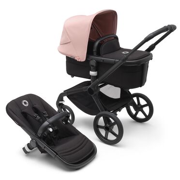 Bugaboo Fox 5 carrycot and seat pushchair with black chassis, midnight black fabrics and morning pink sun canopy.