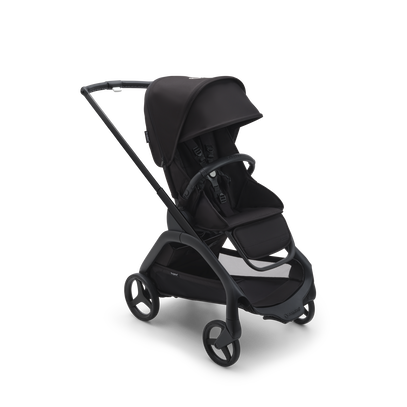 Bugaboo Dragonfly seat pram with black chassis, midnight black fabrics and midnight black sun canopy.