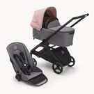 Refurbished Bugaboo Dragonfly bassinet and seat stroller black base, grey melange fabrics, morning pink sun canopy