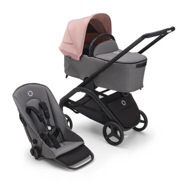 Refurbished Bugaboo Dragonfly bassinet and seat stroller black base, grey melange fabrics, morning pink sun canopy