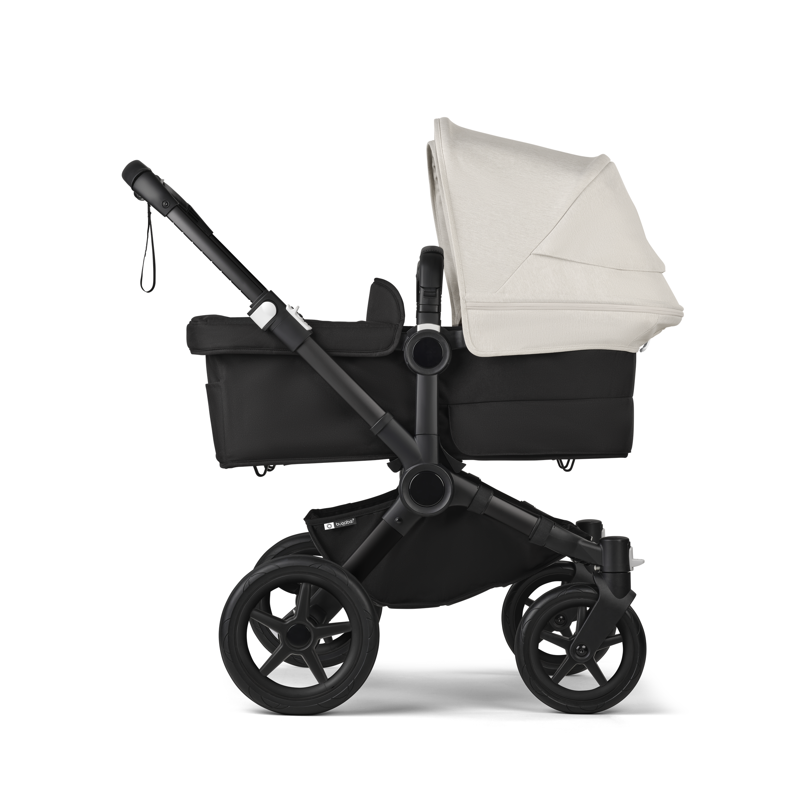 Bugaboo Donkey 5 twin stroller black base, midnight black fabrics, misty white sun canopy - Thumbnail Slide 2 of 12