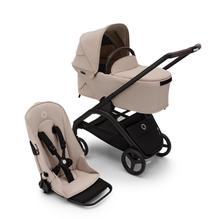 Bugaboo Dragonfly bassinet and seat pushchair black base, desert taupe fabrics, desert taupe sun canopy - view 1