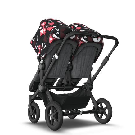 Bugaboo Donkey 5 Twin bassinet and seat stroller black base, grey mélange fabrics, animal explorer pink/red sun canopy - view 2