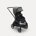 Bugaboo Dragonfly kinderwagen met stoel met black onderstel, midnight black bekleding en forest green zonnekap.