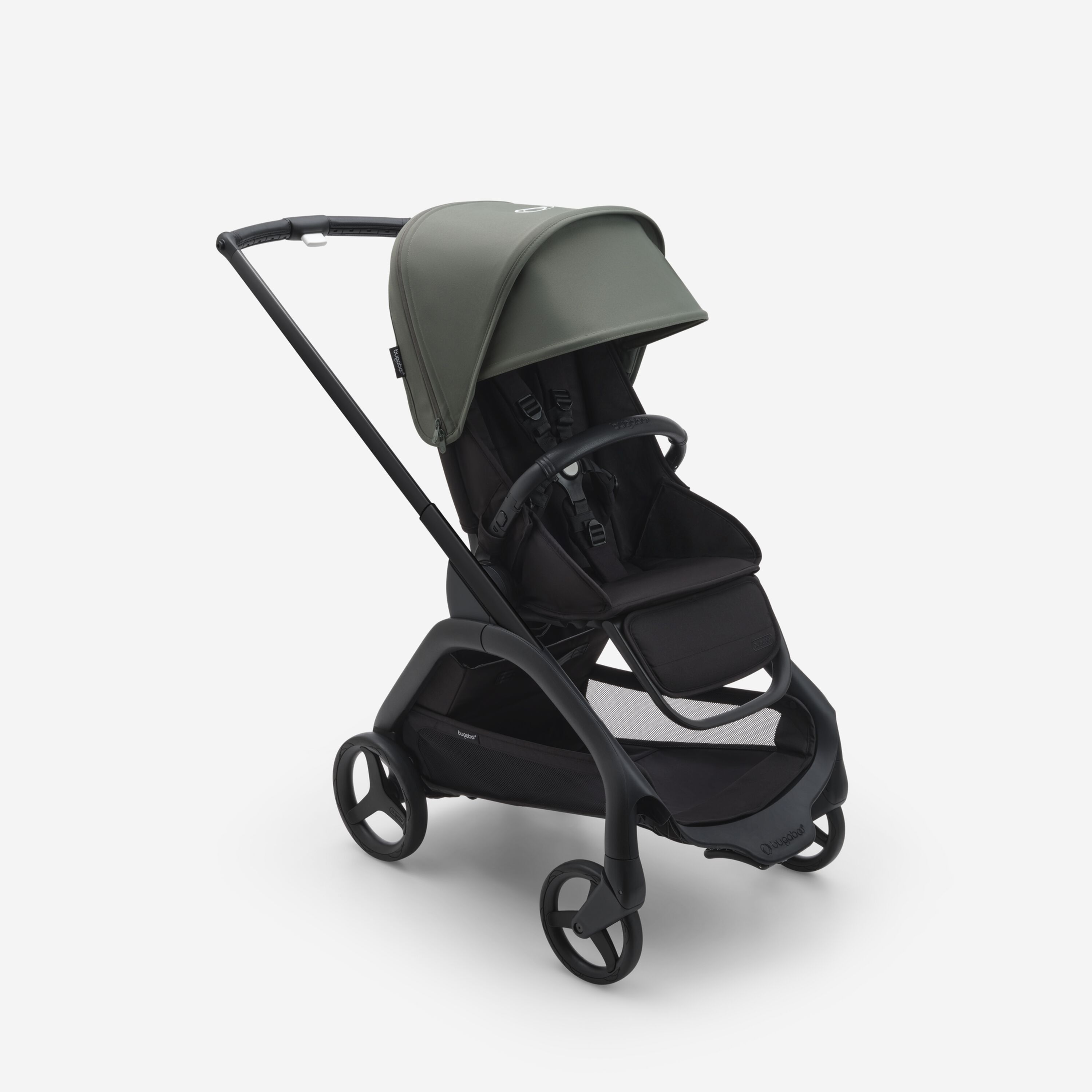 Bugaboo Dragonfly seat stroller with black chassis, midnight black fabrics and forest green sun canopy. - Main Modal Image Slide 1 of 16