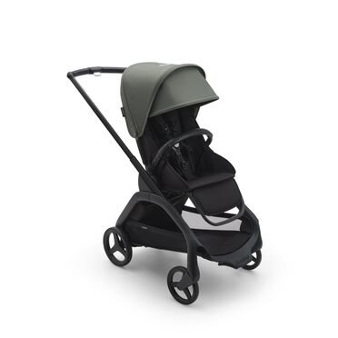 Carrito con silla Bugaboo Dragonfly con chasis negro, fundas negro medianoche y capota verde bosque.
