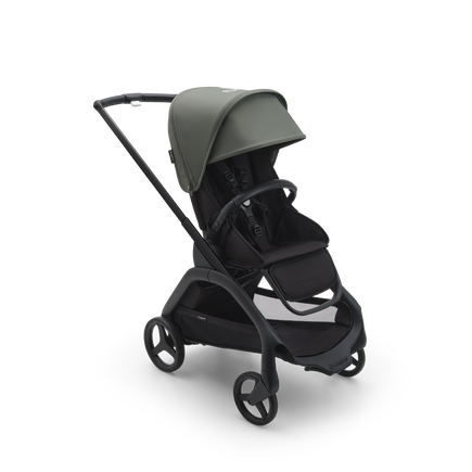 Bugaboo Dragonfly seat stroller with black chassis, midnight black fabrics and forest green sun canopy. - view 1