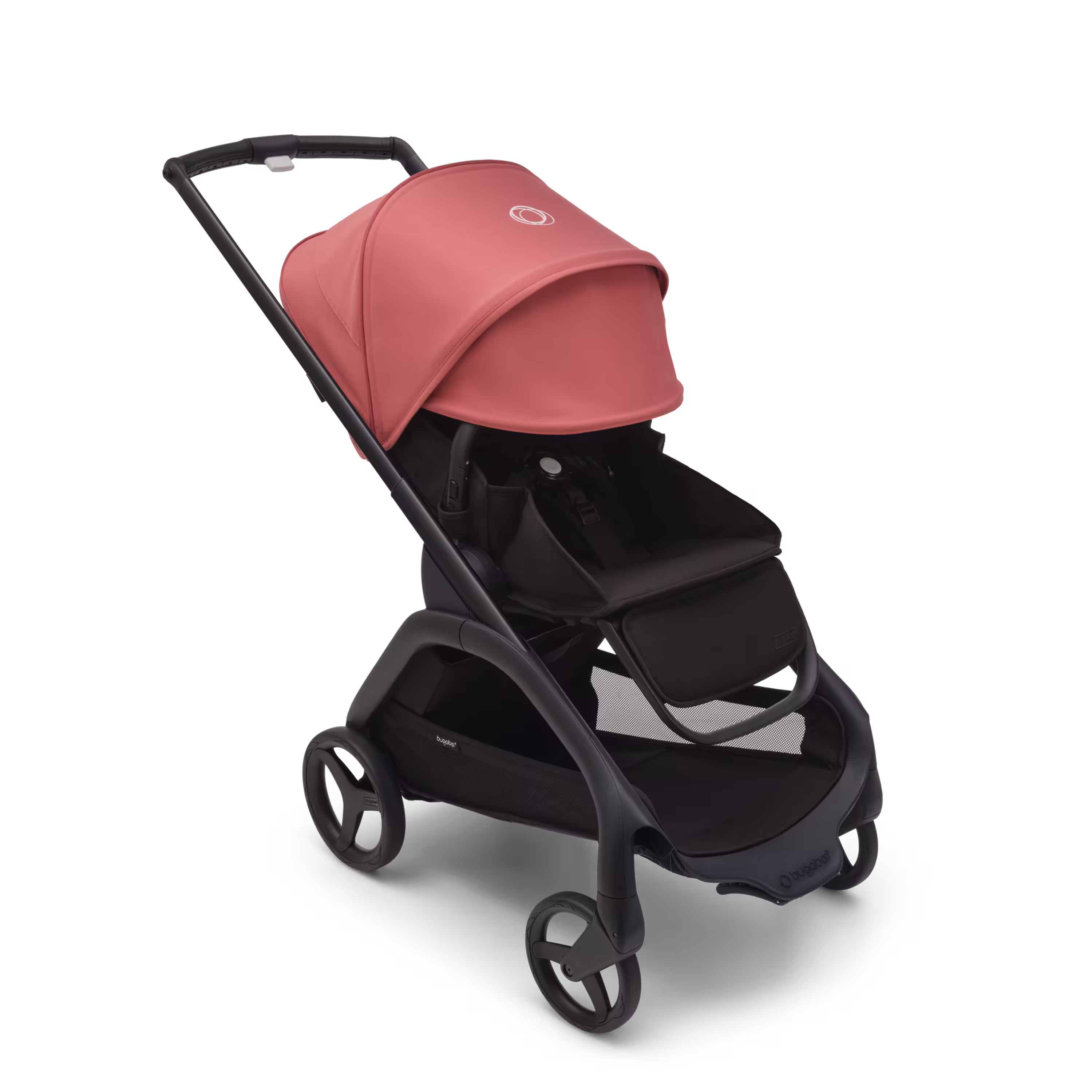 Bugaboo Dragonfly seat stroller with black chassis, midnight black fabrics and sunrise red sun canopy. The sun canopy is fully extended. - Main Modal Image Slide 3 of 16